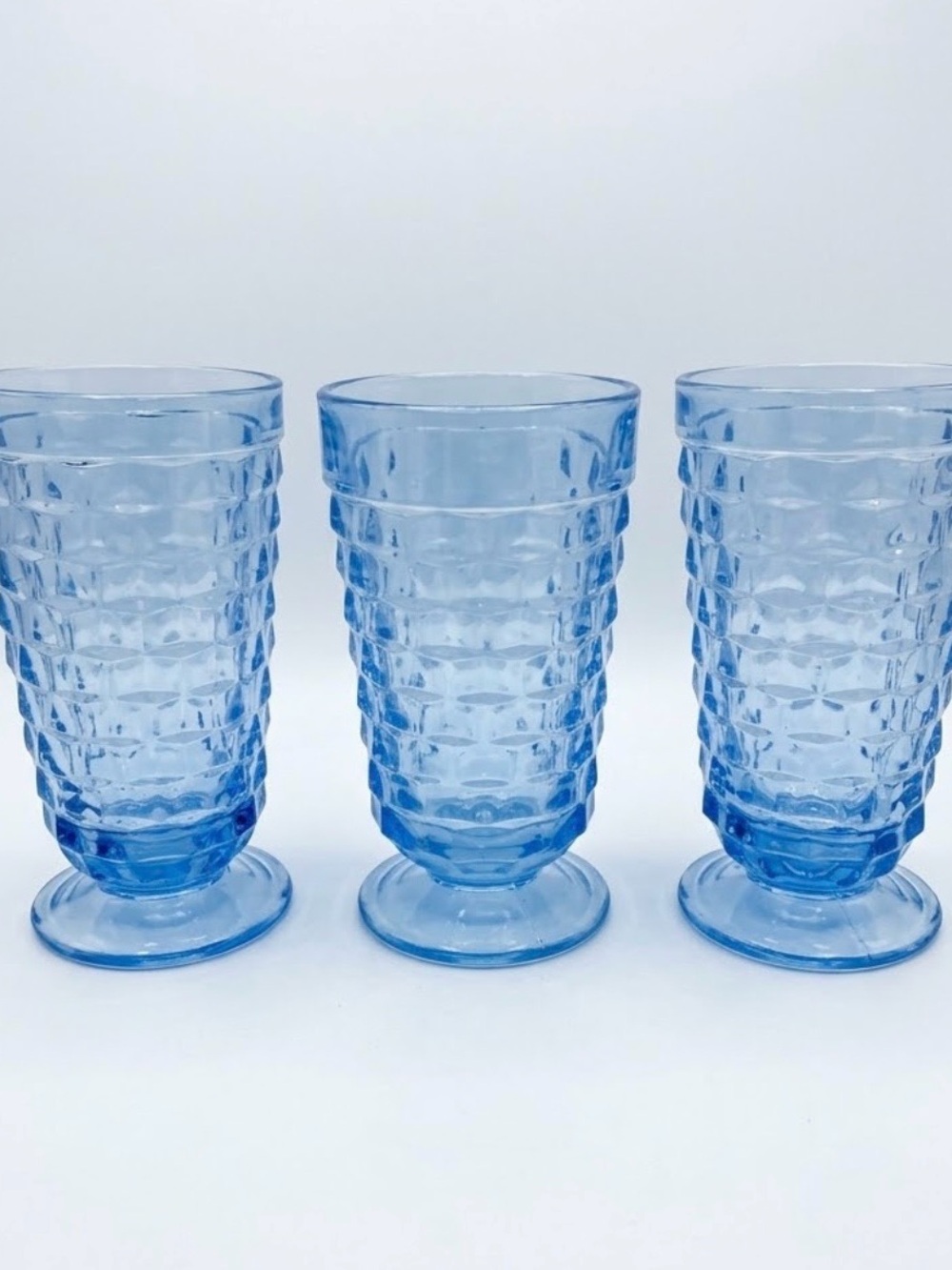 Vtg Indiana Glass Whitehall Light Blue Cubist Footed Drinking Glasses Set Of 3